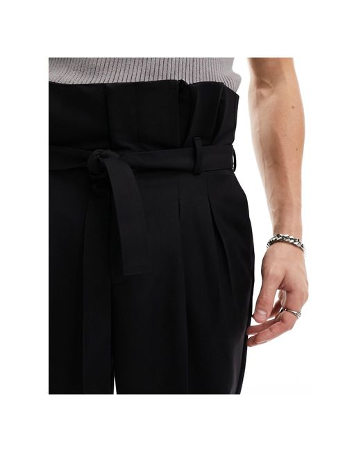 ASOS Black Smart Wide Leg Paperbag Trousers for men