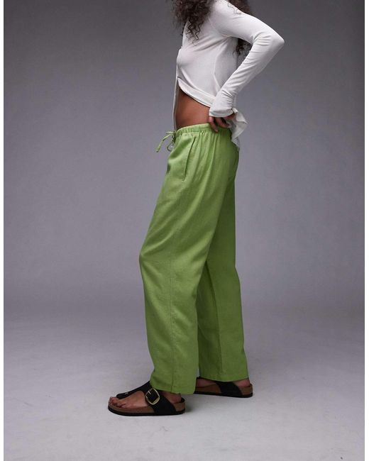 TOPSHOP Green Mid Rise Linen Awkward Length Trouser