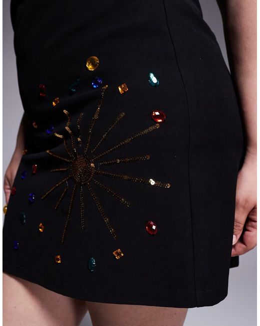 Renee Studio Black Velvet Square Neck Celestial Sequin & Gem Mini Dress