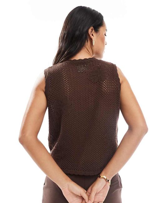 ASOS Brown Knitted Button Down Top With Flower Open Stitch
