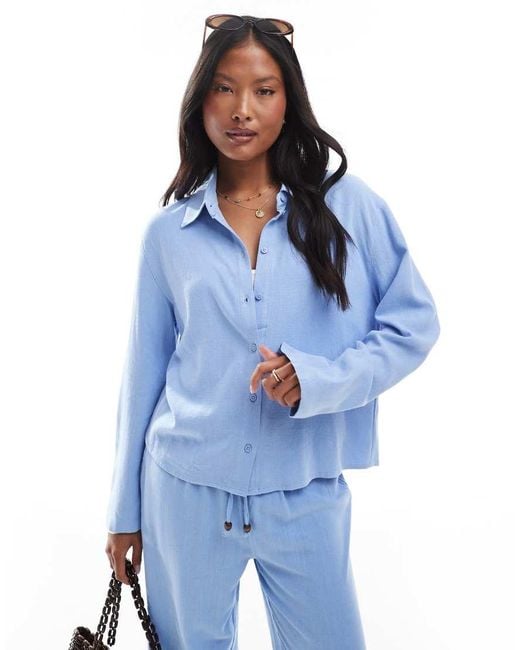 Only Petite Blue Linen Mix Shirt Co-ord