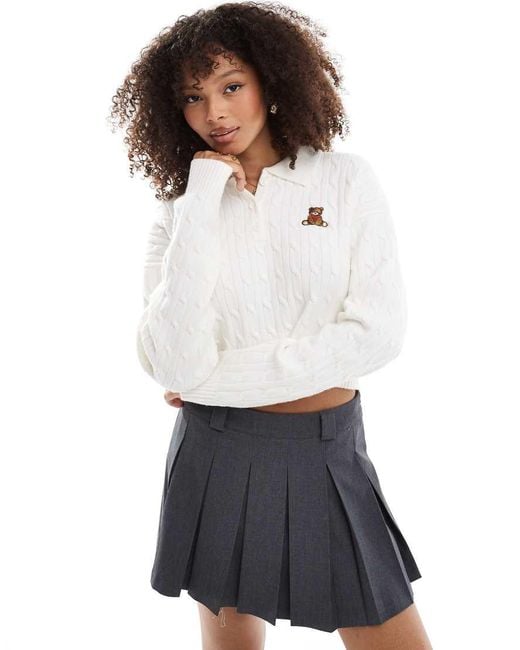 Bershka White Cable Knit Teddy Bear Jumper