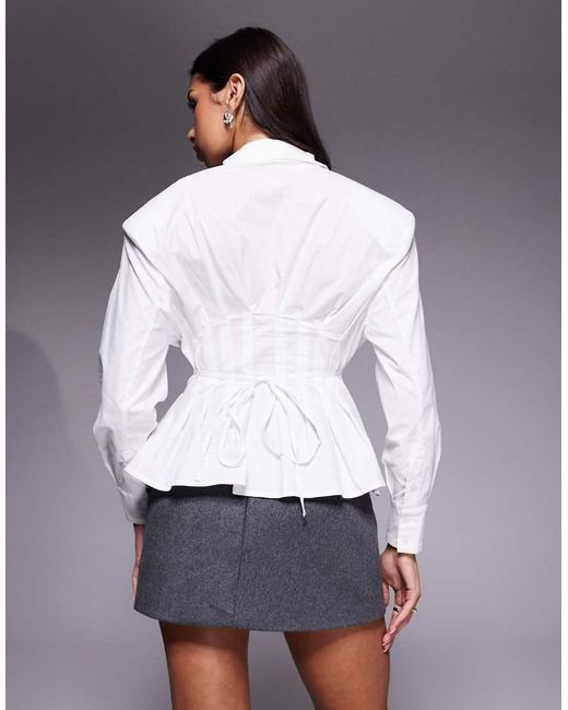 Wanderdoll White Andy Shoulder Pad Cinched Waist Button Through Shirt