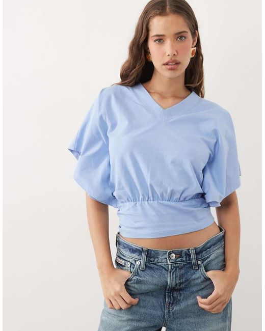 ASOS Blue 'v' Neck Cinch Waist Top