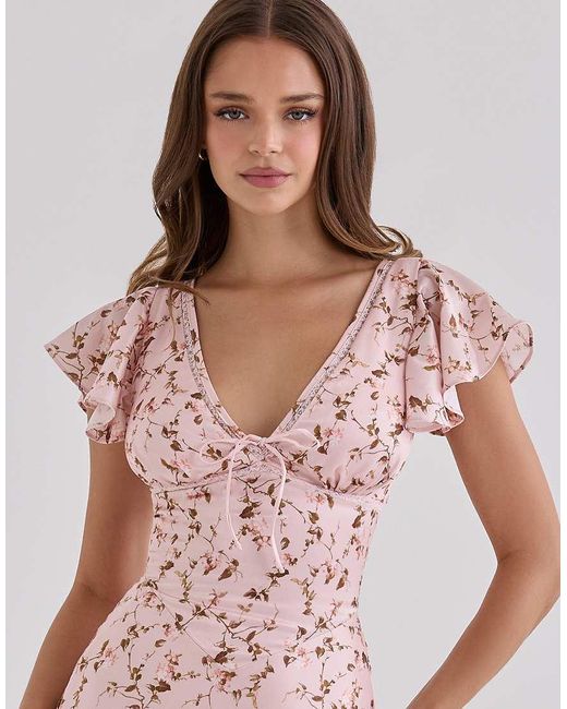 House Of Cb Pink Raye Vintage Floral Print Satin V-Neck Midi Tea Dress