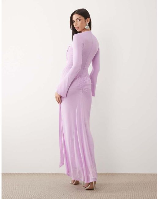 ASOS Pink Mesh Long Sleeve Maxi Dress With Twist Detail
