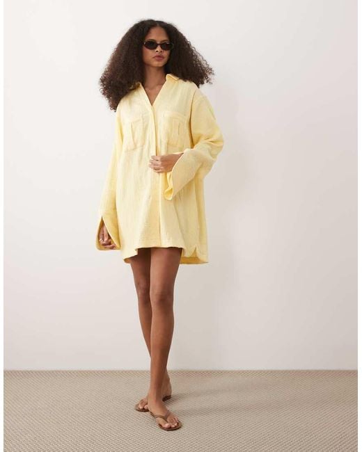 ASOS Natural Double Cloth Mini Shirt Dress With Wide Cuffs And Oversized Pockets