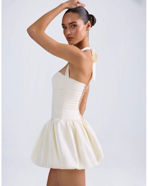 Oh Polly White Satin Halter Neck Ruched Bandeau Bubble Hem Mini Dress