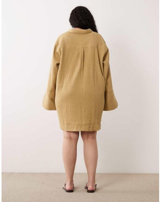 ASOS Brown Asos Design Curve Double Cloth Mini Shirt Dress With Wide Cuffs And Oversized Pockets