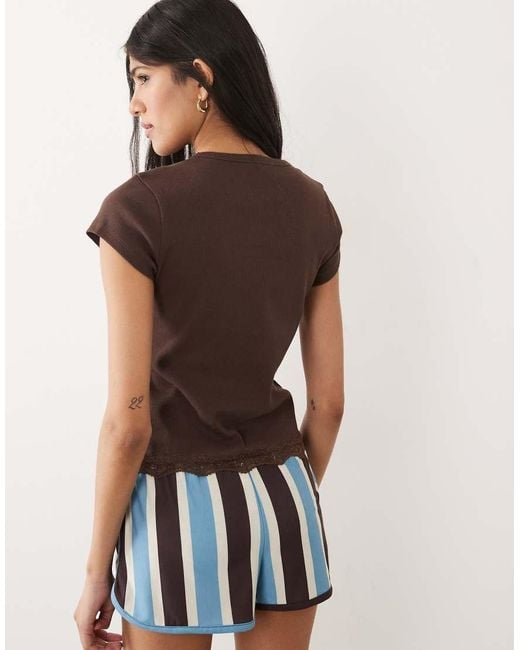 Miss Selfridge Brown Ribbed T-shirt With Lace Inserts