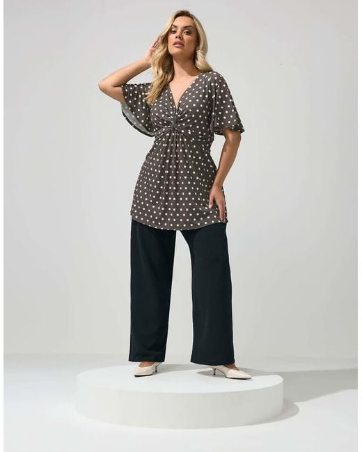 Yours Clothing Gray Polka Dot Knot Front Top