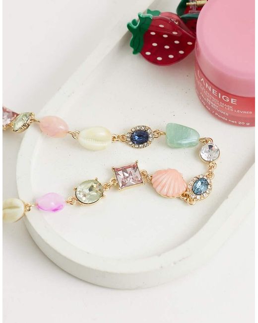 Reclaimed Vintage Multicolor Chocker Gem Stone And Charm Seashell Necklace