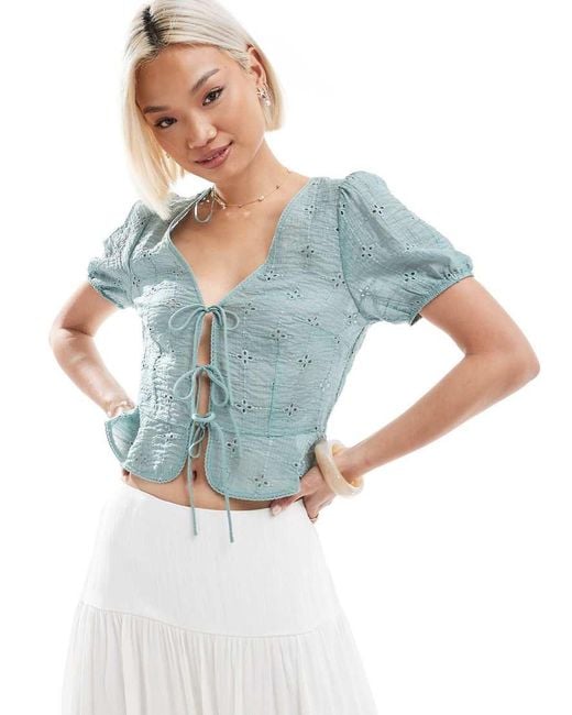 Stradivarius Blue Cropped Tie Front Puff Sleeve Blouse
