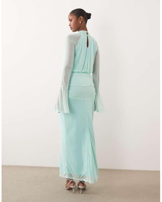 DASKA Green Mesh Drape Long Sleeve High Neck Maxi Dress