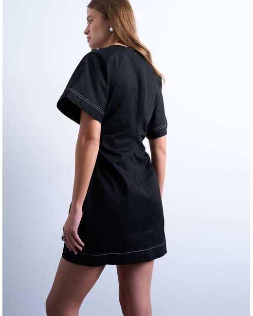 TOPSHOP Black Heavy Twill Contrast Stitch Short Sleeve Mini Dress