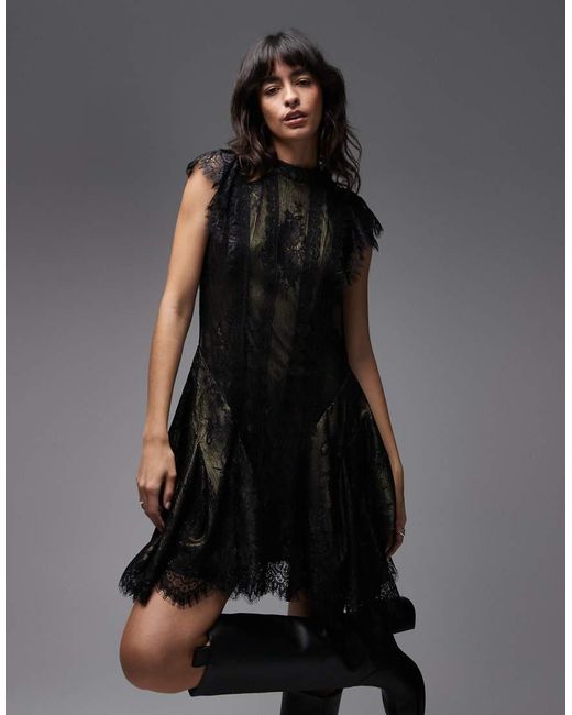 Vestido Corto Negro Y Dorado De Encaje Y Tul Fleur De AllSaints de color Black