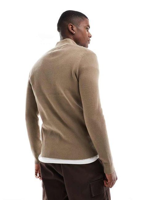 Only & Sons Brown Ribbed Half Zip Jumper for men