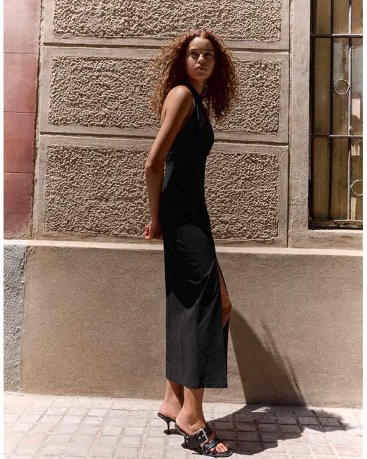Bershka Brown Halter Neck Midi Dress
