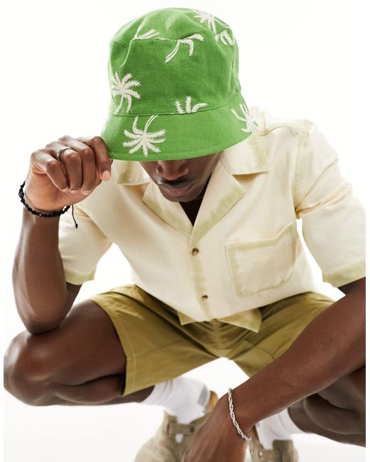 ASOS Green Reversable Bucket Hat With Leaf Embroidery Print for men
