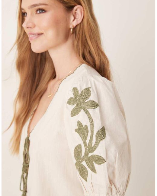 Jdy Natural Tie Front Blouse With Green Embroidery Details