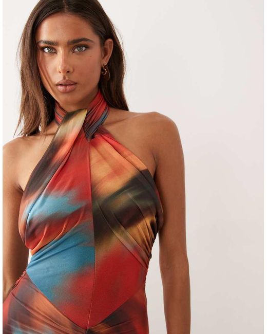 ASOS Red Mesh Halter Neck Maxi Dress With Ruched Skirt