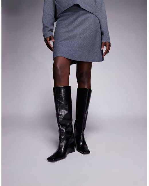 ASOS Black Clarissa Premium Leather Wedge Pull On Boots With Chisel Toes