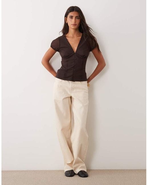 New Look Brown Lace Trim Mesh V-Neck Top