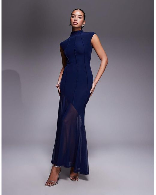 ASOS Blue Mesh High Neck Maxi Dress With Exposed Contour Seam Detail