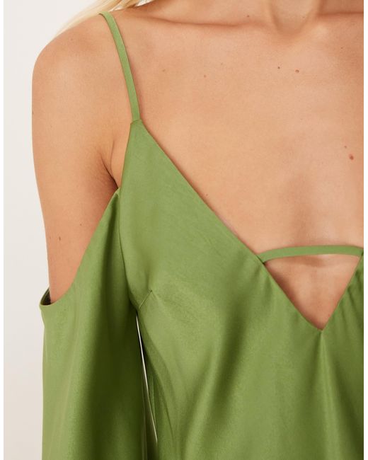 ASOS Green Satin Long Sleeve Fallen Shoulder Cami Midi Dress