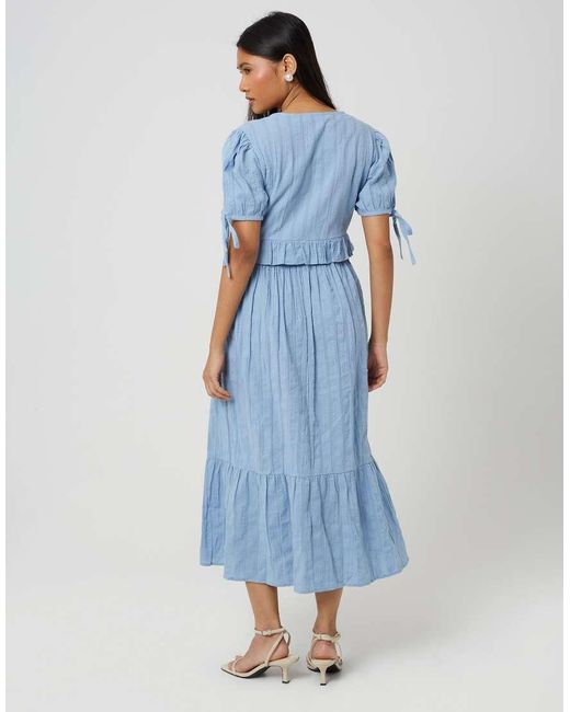 Brave Soul Blue Puff Sleeve Maxi Dress With Tie And Ruffle Details