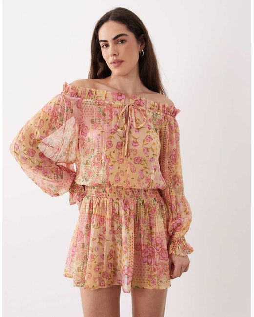 Aray Pink Sheer Off Shoulder Mini Beach Dress