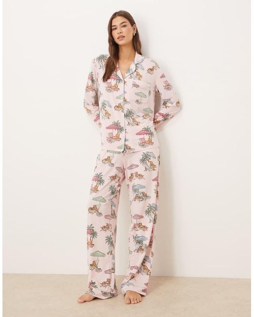 Chelsea Peers Natural Leopard Summer Print Jersey Revere Pyjama Set