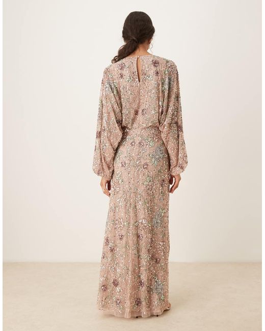 Maya Natural Embellished Round Neck Long Sleeve Maxi Dress