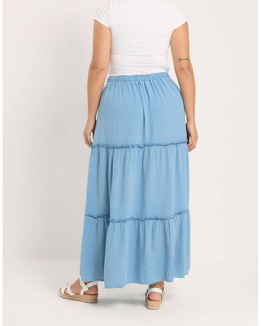 Yours Clothing Blue Chambray Tiered Maxi Skirt