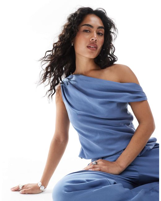 ASOS Blue Lyocell Drape Off Shoulder Top