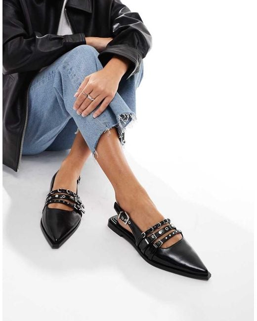 Stradivarius Black Buckle Detail Pointed Flat Slingback