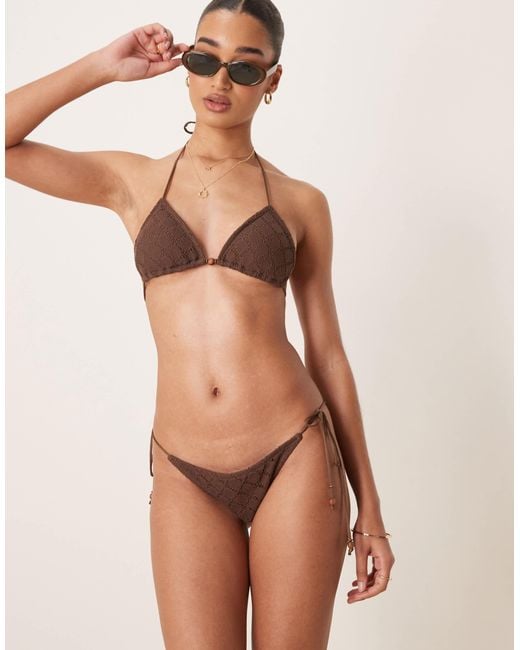 Stradivarius Natural – seitlich gebundene bikinihose mit häkel-design