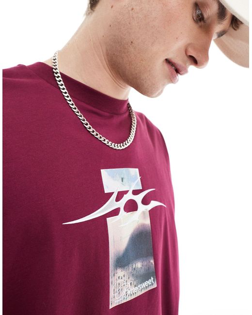 T-shirt skater bordeaux con stampa fotografica di Collusion in Red da Uomo