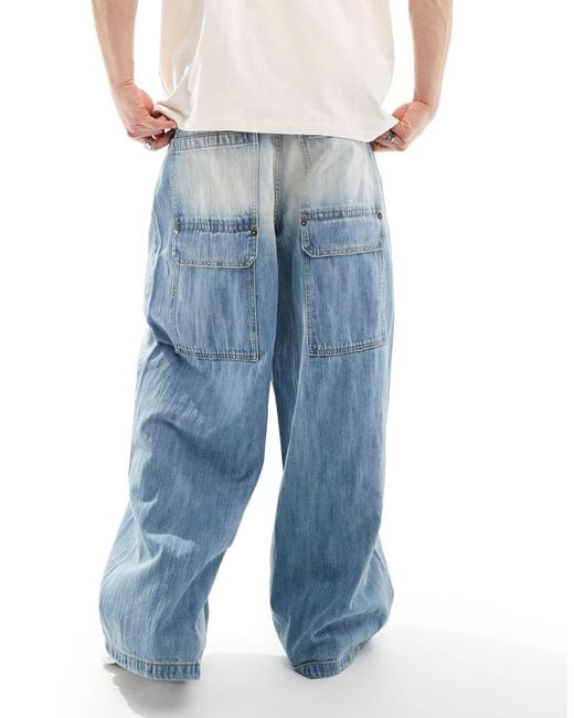 Bershka Blue baggy Fit Ribbed Denim Jeans for men