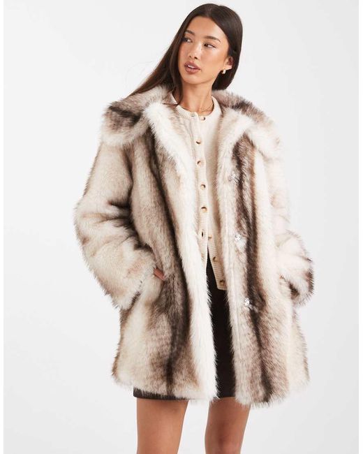 ASOS Natural Top Collar Midi Faux Fur Coat