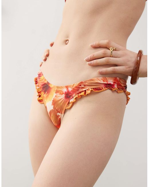 Motel Orange Pali Hibiscus Print Ruffle Bikini Top