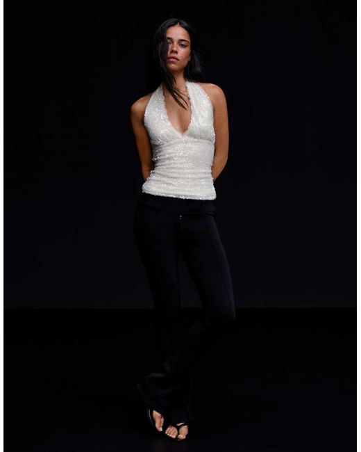 Bershka Black Sequin Lace Halter Top