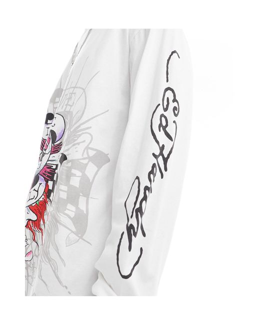 Maglietta skater bianca a maniche lunghe con grafiche miste di Ed Hardy in White da Uomo