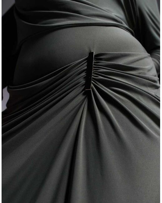 ASOS Gray Asos Design Curve Long Sleeve Drape Maxi Dress With Hitched Skirt And Trim