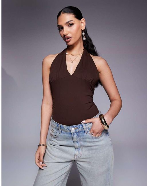 ASOS Blue Polyamide Plunge Halter Neck Bodysuit