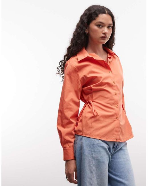 Reclaimed Vintage Orange Shirt With Ruching Adjustable Fitted Tie Detail