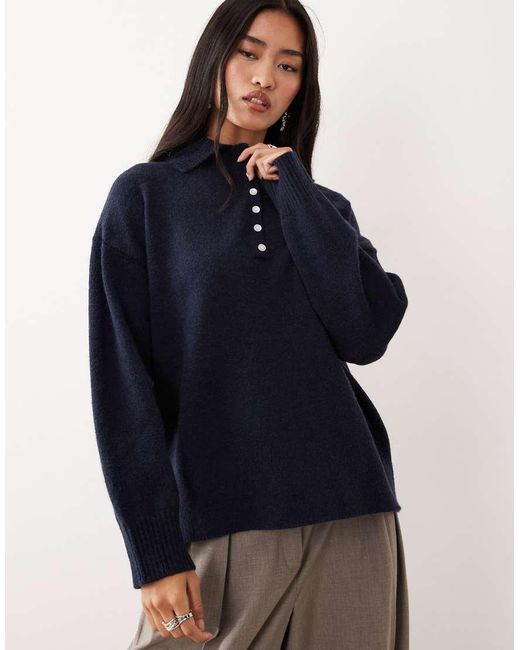 Pretty Lavish Blue Knitted Polo Button Placket Relaxed Jumper