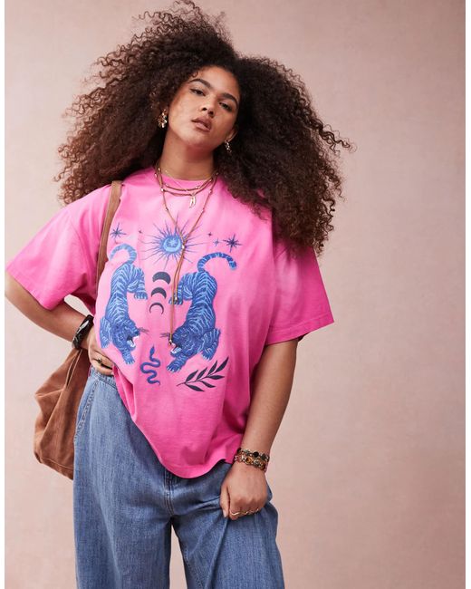 ASOS Pink Asos Design Curve Oversized T-shirt With Embroidered Celestial Graphic
