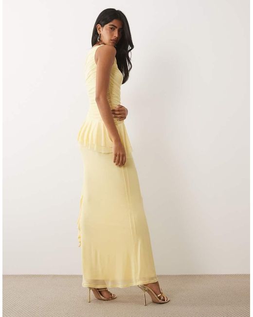 ASOS Natural Mesh Sleeveless Maxi Dress With Ruching And Frill Details