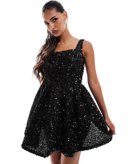 Jarlo Black Square Neck A-line Sequin Mini Dress